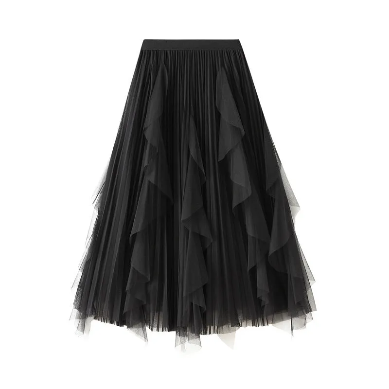 High-waist Ruffled Paneled Mesh Skirt Long Pleated Skirt With Large Swing