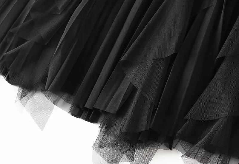 High-waist Ruffled Paneled Mesh Skirt Long Pleated Skirt With Large Swing