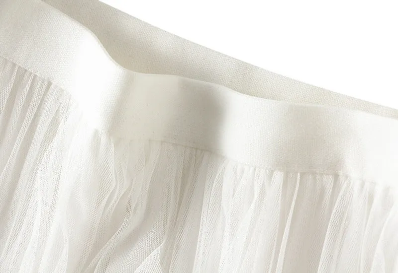 High-waist Ruffled Paneled Mesh Skirt Long Pleated Skirt With Large Swing