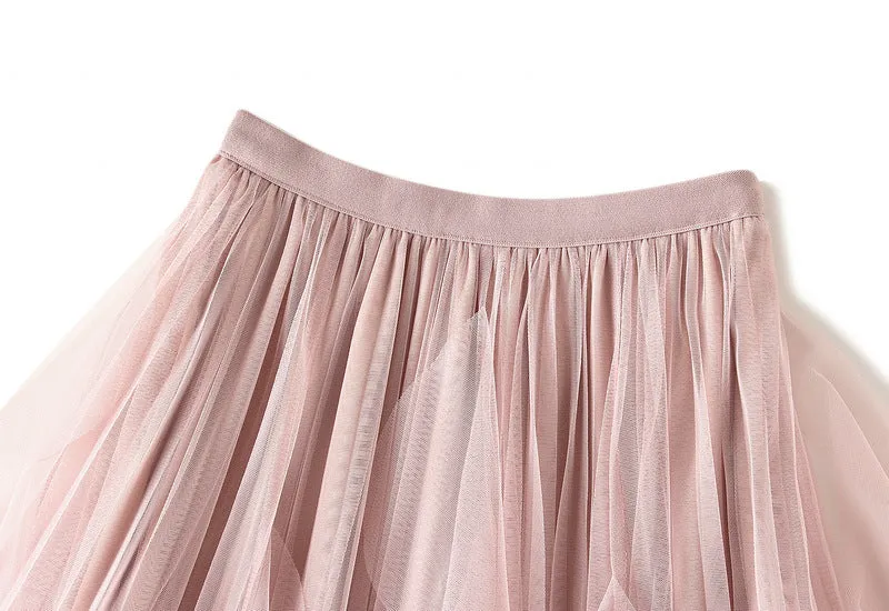High-waist Ruffled Paneled Mesh Skirt Long Pleated Skirt With Large Swing