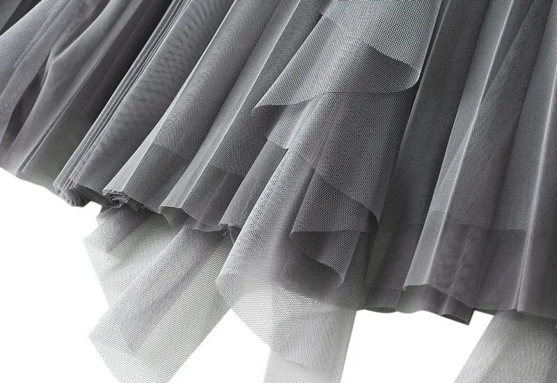 High-waist Ruffled Paneled Mesh Skirt Long Pleated Skirt With Large Swing
