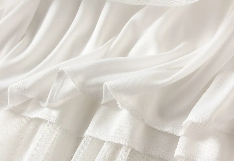 High-waist Ruffled Paneled Mesh Skirt Long Pleated Skirt With Large Swing