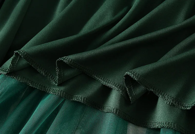High-waist Ruffled Paneled Mesh Skirt Long Pleated Skirt With Large Swing