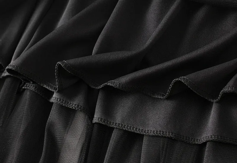 High-waist Ruffled Paneled Mesh Skirt Long Pleated Skirt With Large Swing