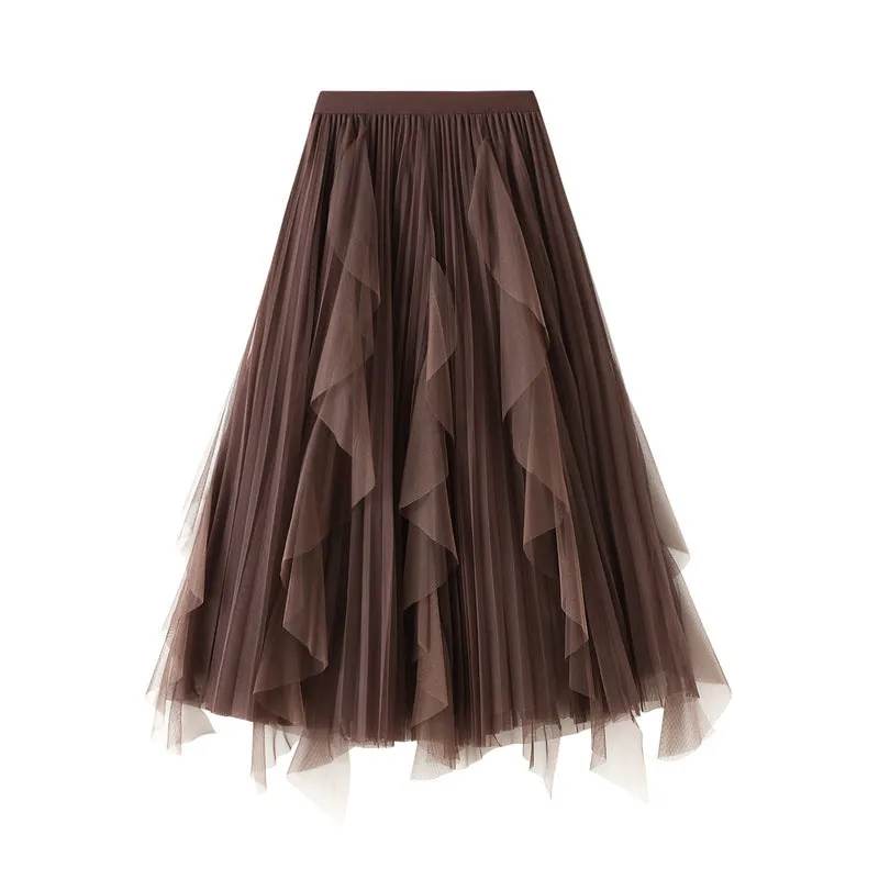 High-waist Ruffled Paneled Mesh Skirt Long Pleated Skirt With Large Swing