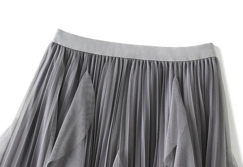 High-waist Ruffled Paneled Mesh Skirt Long Pleated Skirt With Large Swing