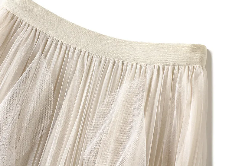 High-waist Ruffled Paneled Mesh Skirt Long Pleated Skirt With Large Swing