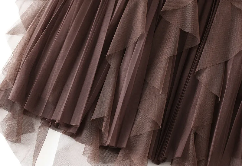High-waist Ruffled Paneled Mesh Skirt Long Pleated Skirt With Large Swing