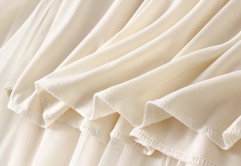 High-waist Ruffled Paneled Mesh Skirt Long Pleated Skirt With Large Swing