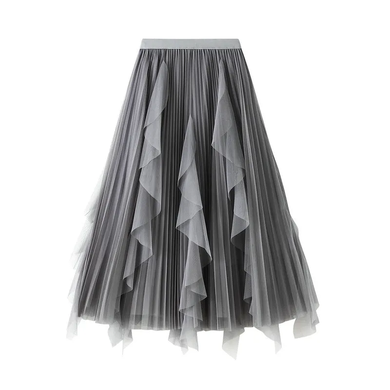 High-waist Ruffled Paneled Mesh Skirt Long Pleated Skirt With Large Swing