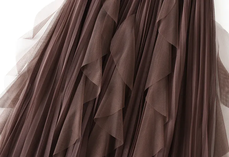 High-waist Ruffled Paneled Mesh Skirt Long Pleated Skirt With Large Swing