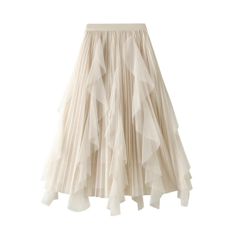 High-waist Ruffled Paneled Mesh Skirt Long Pleated Skirt With Large Swing