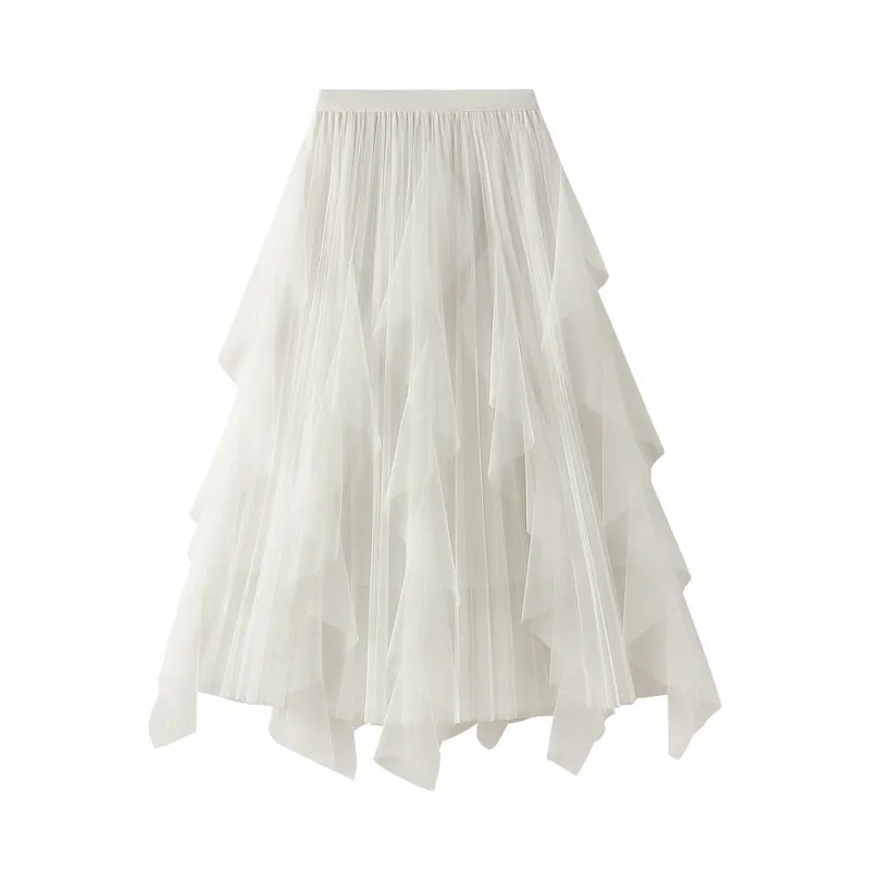 High-waist Ruffled Paneled Mesh Skirt Long Pleated Skirt With Large Swing