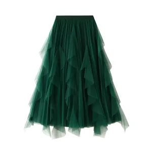 High-waist Ruffled Paneled Mesh Skirt Long Pleated Skirt With Large Swing