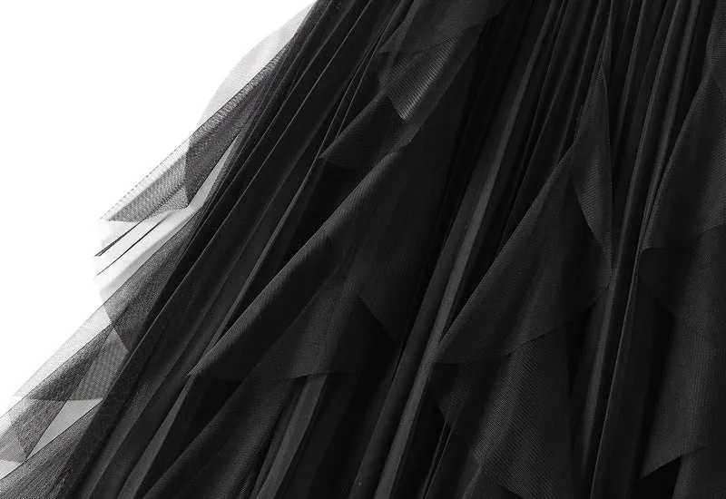 High-waist Ruffled Paneled Mesh Skirt Long Pleated Skirt With Large Swing