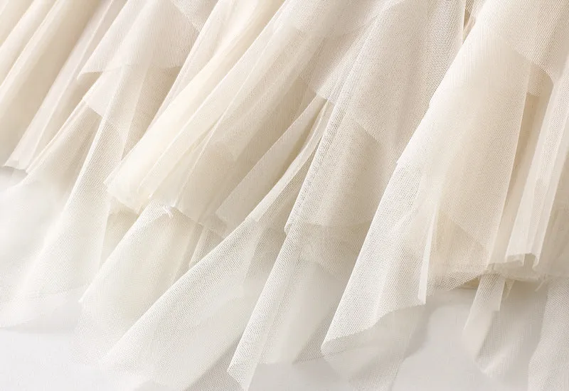 High-waist Ruffled Paneled Mesh Skirt Long Pleated Skirt With Large Swing