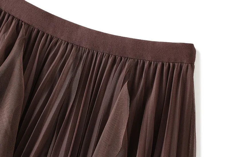 High-waist Ruffled Paneled Mesh Skirt Long Pleated Skirt With Large Swing