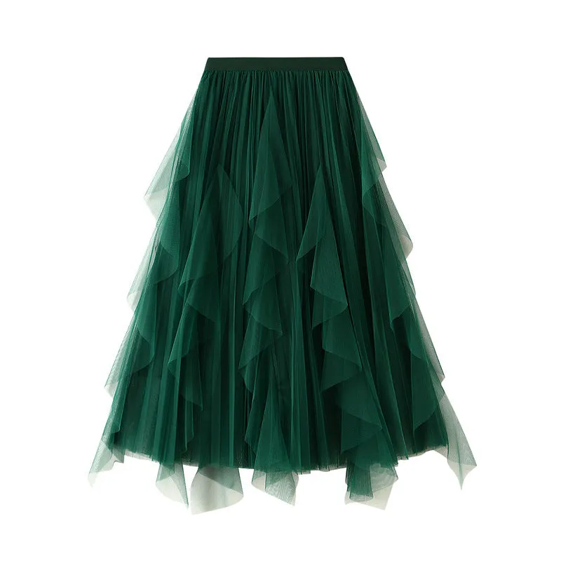 High-waist Ruffled Paneled Mesh Skirt Long Pleated Skirt With Large Swing