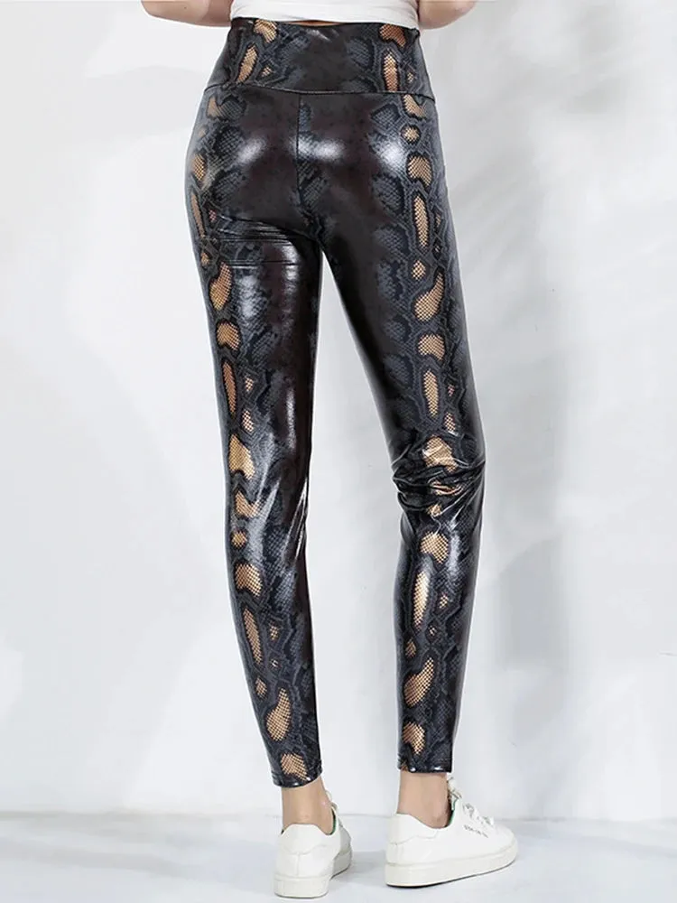 High-Waist Snake Print Leather Leggings – Slim Fit for a Sculpted Look