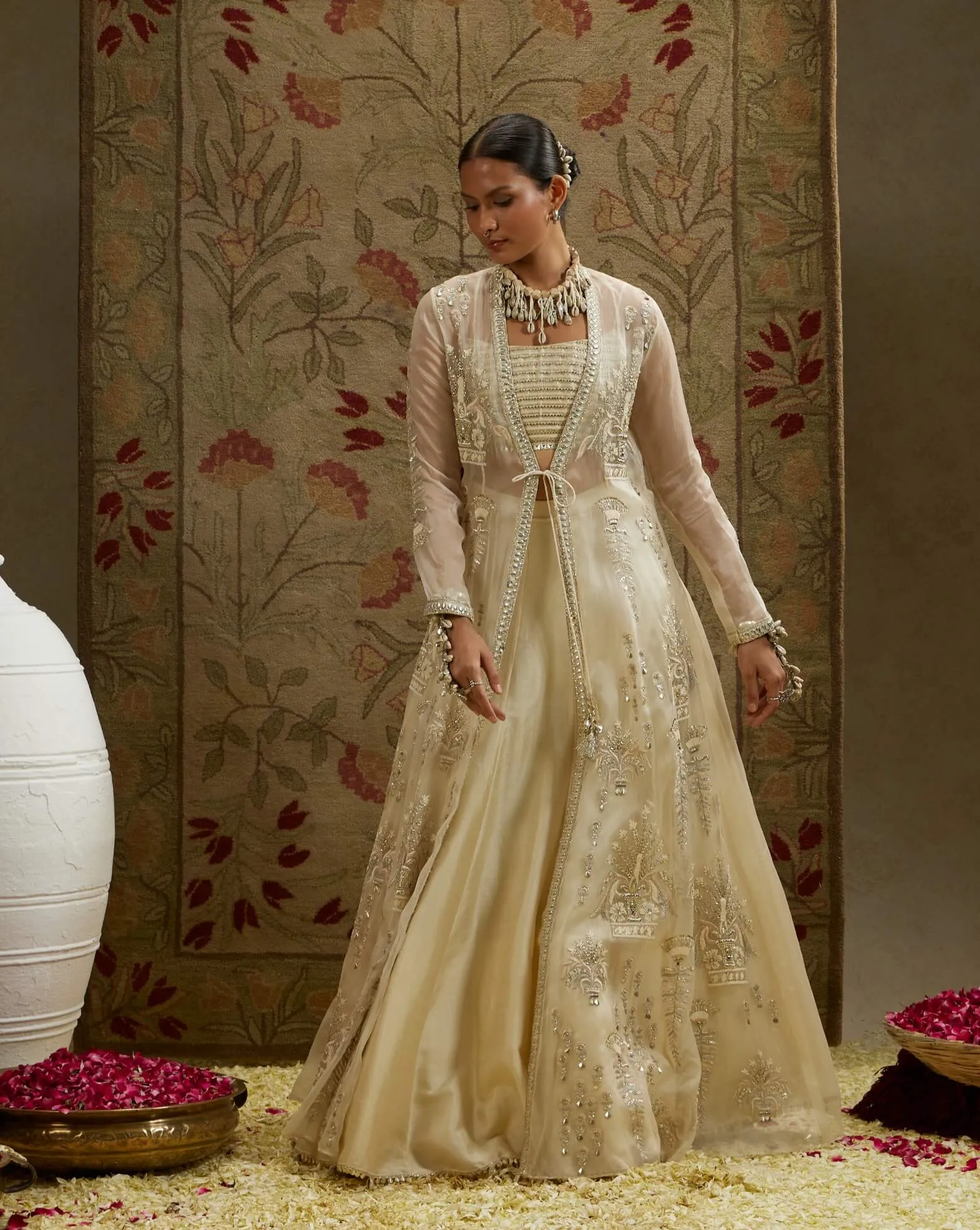 Ivory magnolia cream embellished jacket and lehenga set