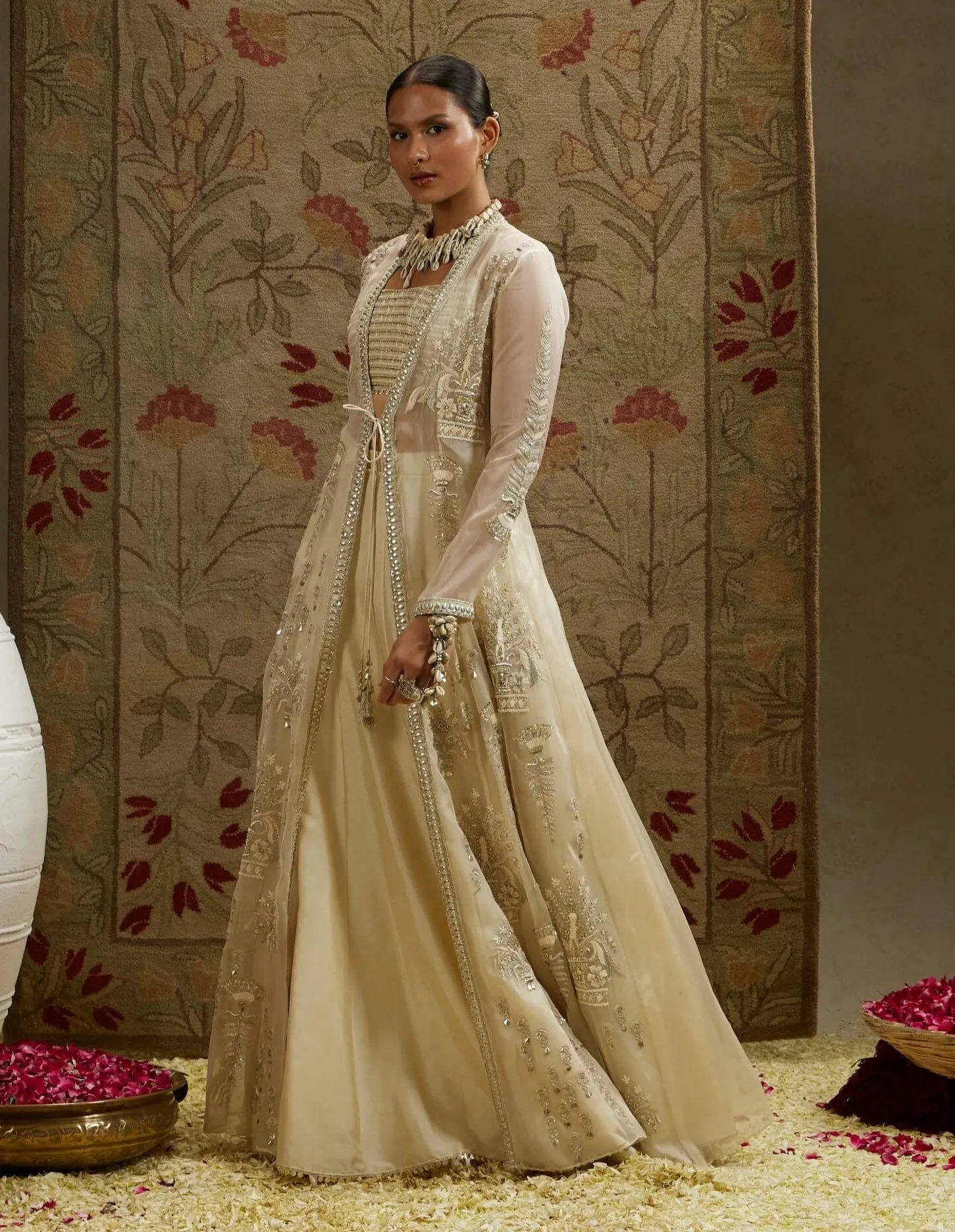 Ivory magnolia cream embellished jacket and lehenga set