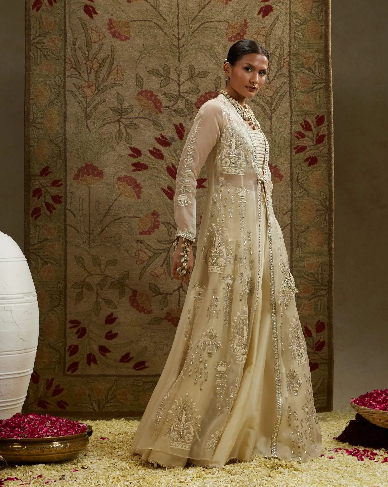 Ivory magnolia cream embellished jacket and lehenga set