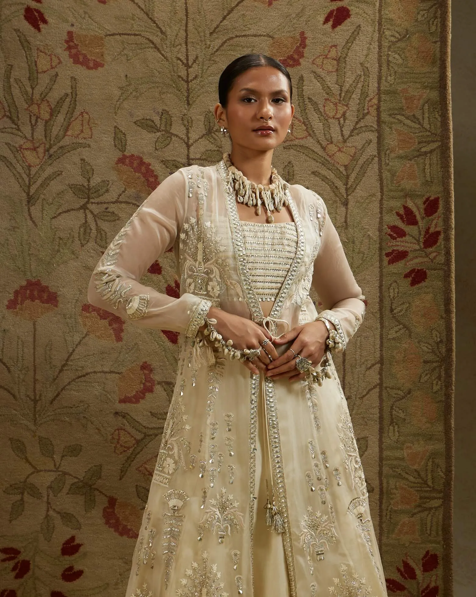 Ivory magnolia cream embellished jacket and lehenga set