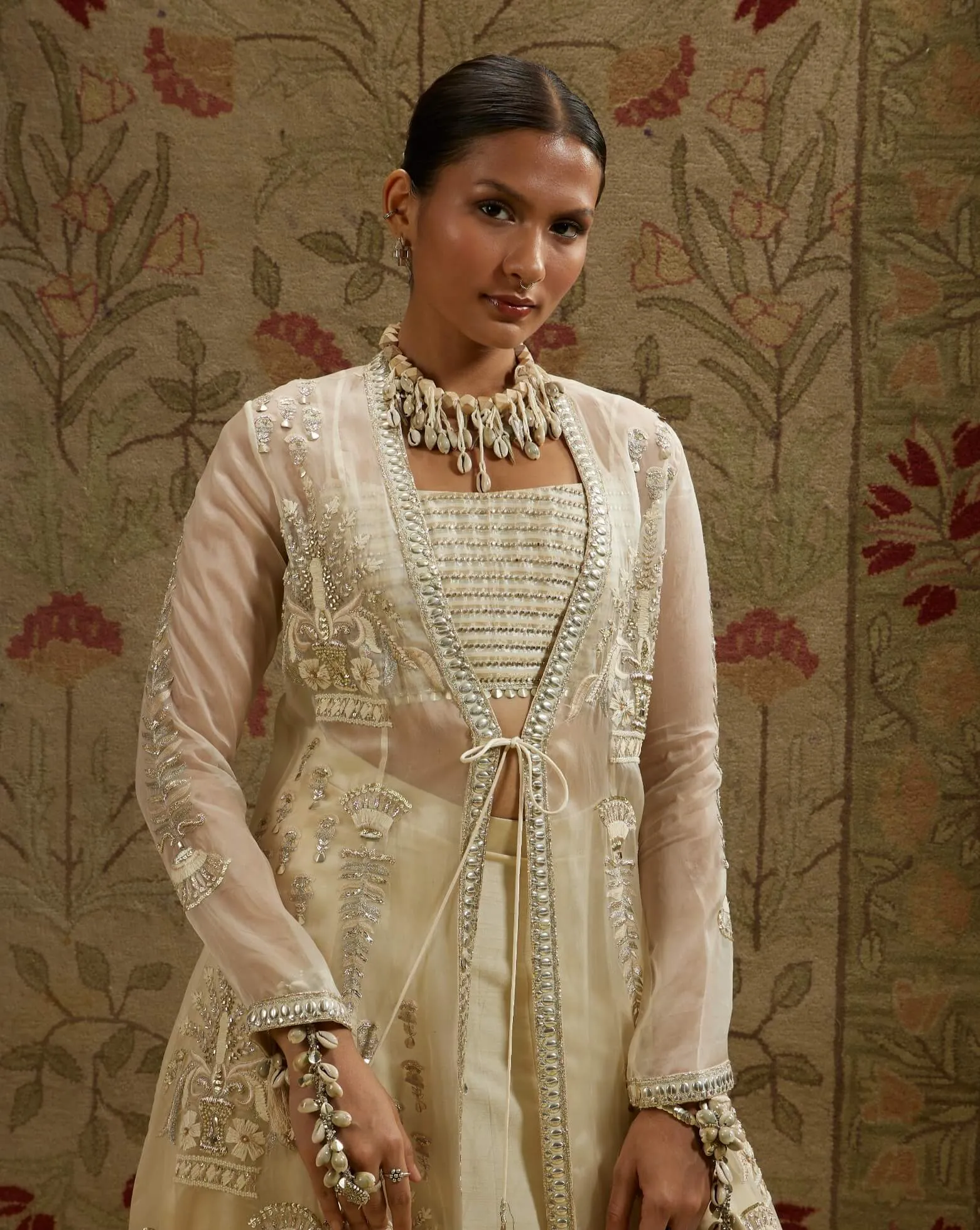 Ivory magnolia cream embellished jacket and lehenga set