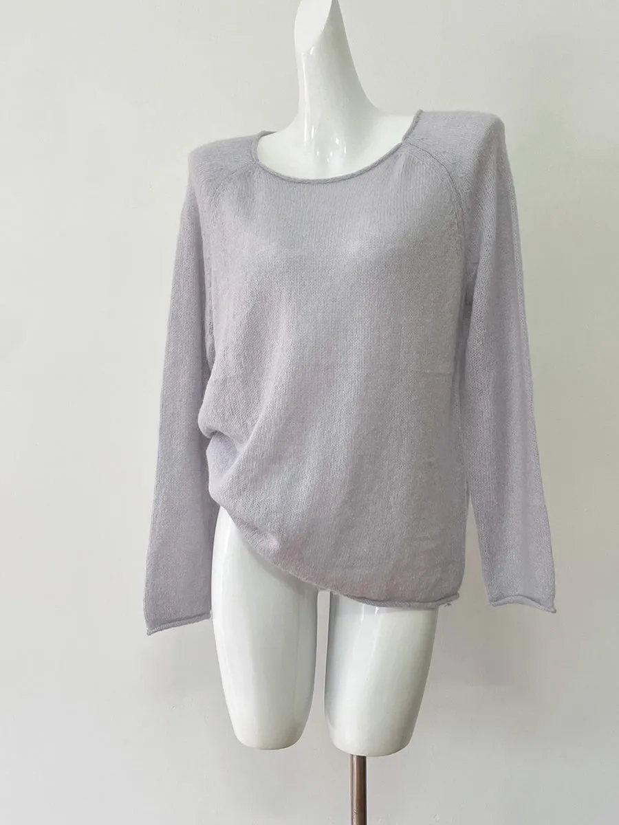 JazzHer New Autumn Beige Thin Transparent Long Sleeve Knitted Sweater With Hollowed Out Solid Color Basic Sheer Knitting Pullovers Top