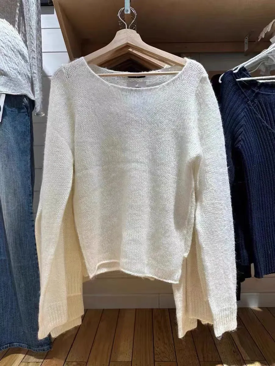 JazzHer New Autumn Beige Thin Transparent Long Sleeve Knitted Sweater With Hollowed Out Solid Color Basic Sheer Knitting Pullovers Top