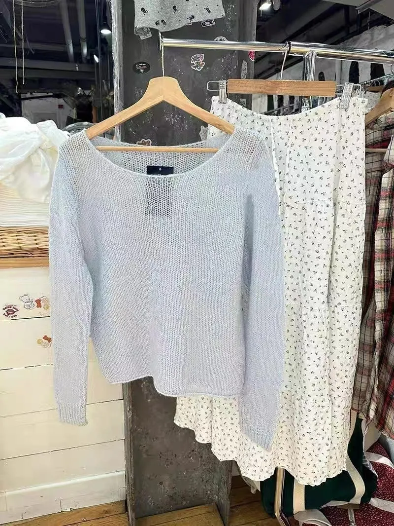 JazzHer New Autumn Beige Thin Transparent Long Sleeve Knitted Sweater With Hollowed Out Solid Color Basic Sheer Knitting Pullovers Top