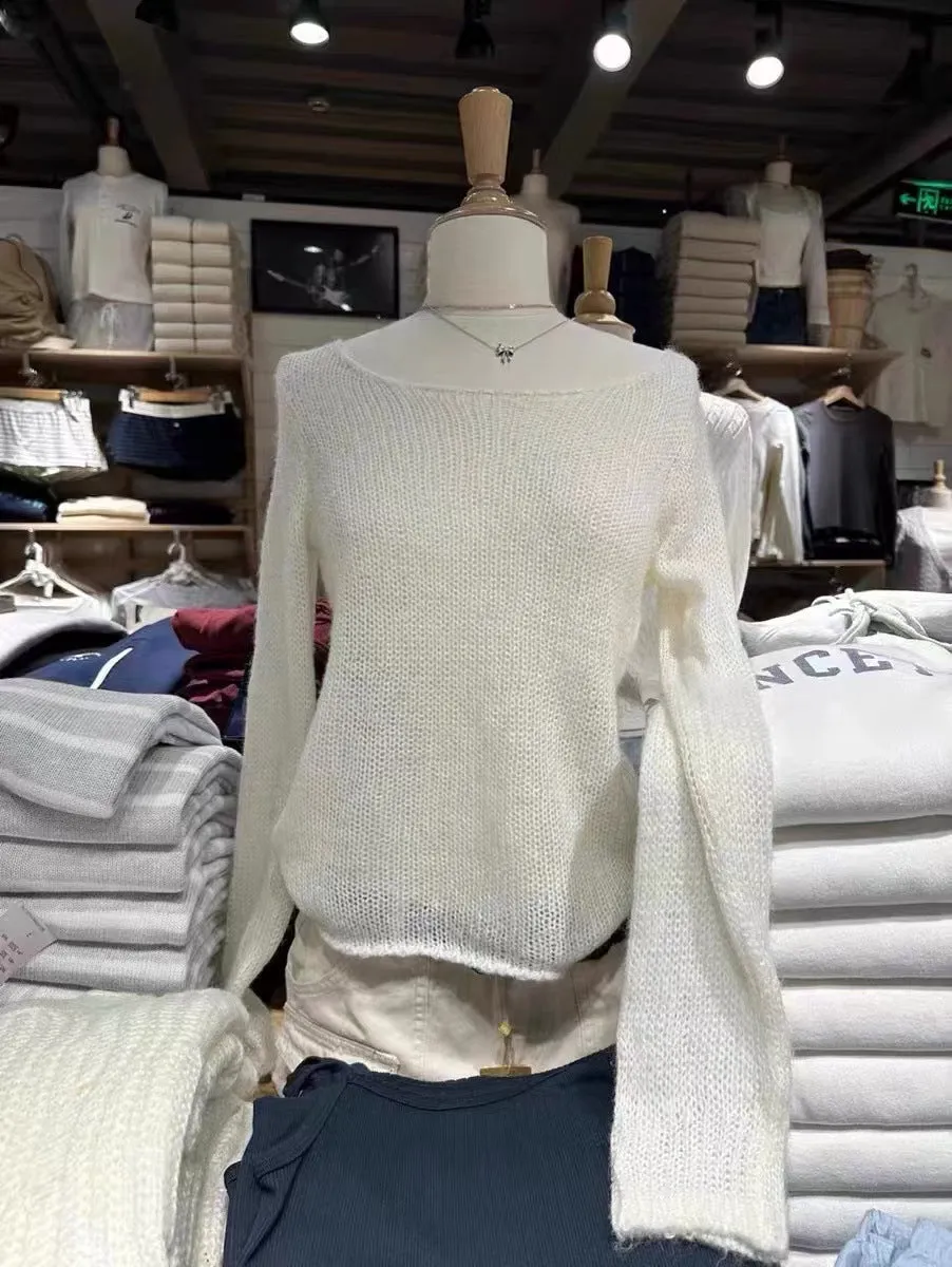 JazzHer New Autumn Beige Thin Transparent Long Sleeve Knitted Sweater With Hollowed Out Solid Color Basic Sheer Knitting Pullovers Top