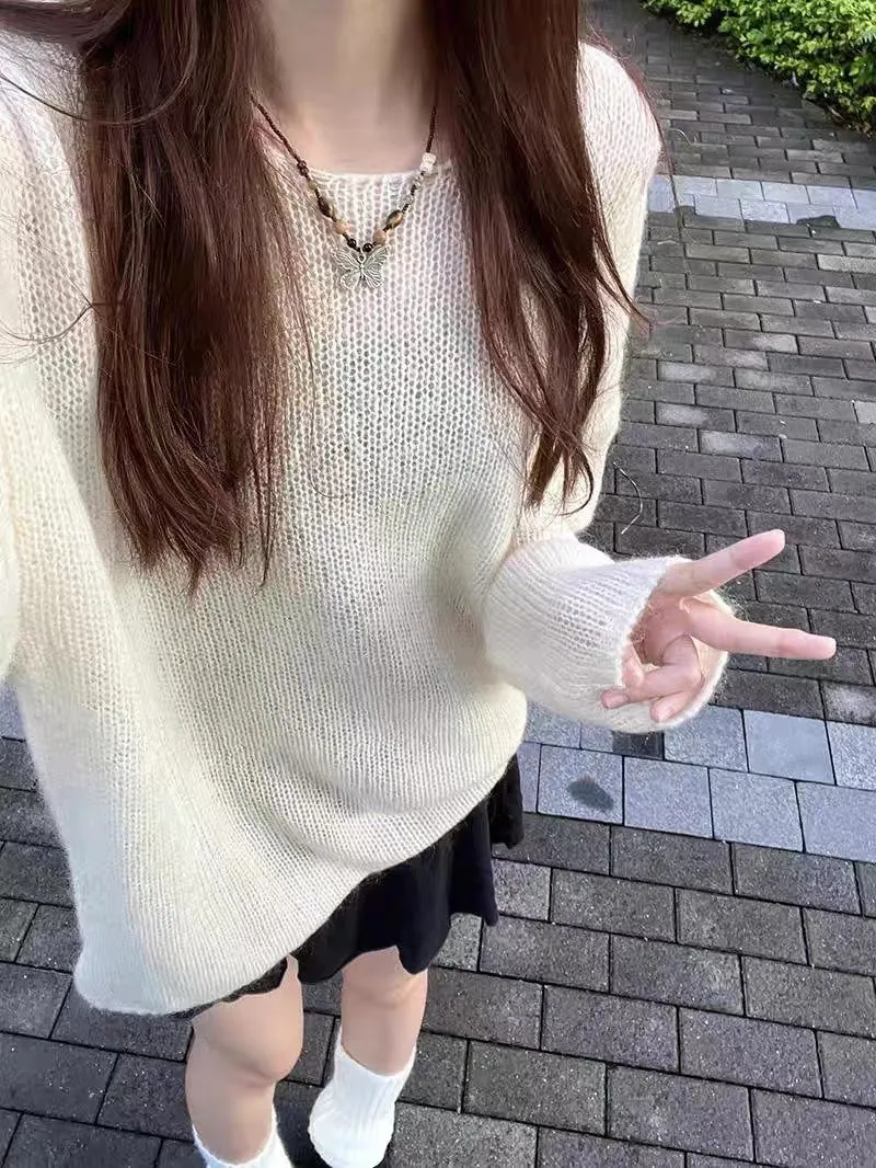 JazzHer New Autumn Beige Thin Transparent Long Sleeve Knitted Sweater With Hollowed Out Solid Color Basic Sheer Knitting Pullovers Top