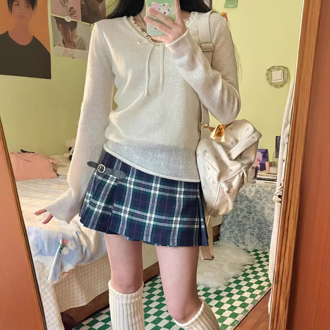 JazzHer New Autumn Beige Thin Transparent Long Sleeve Knitted Sweater With Hollowed Out V-neck Solid Color Basic Pullovers Top