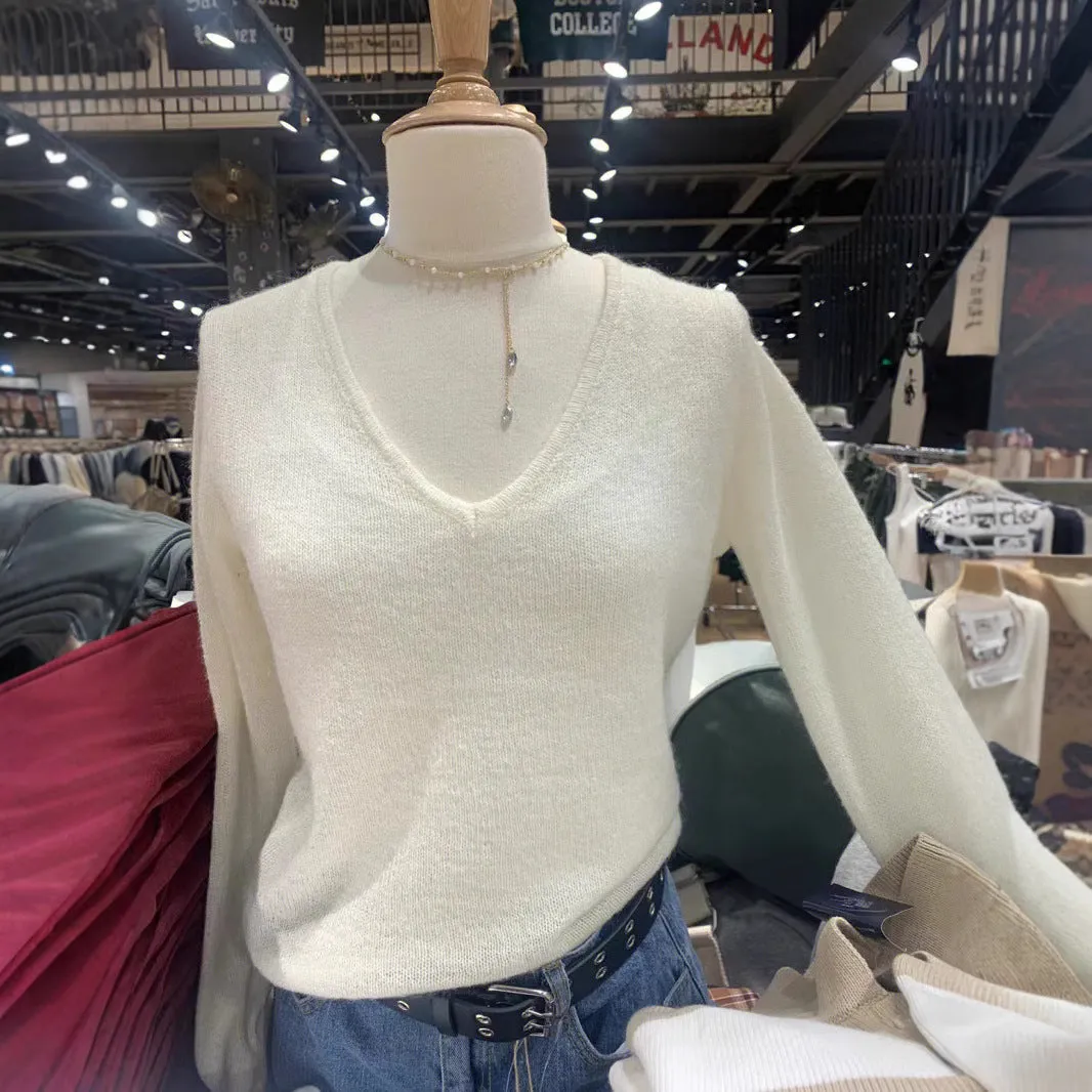 JazzHer New Autumn Beige Thin Transparent Long Sleeve Knitted Sweater With Hollowed Out V-neck Solid Color Basic Pullovers Top