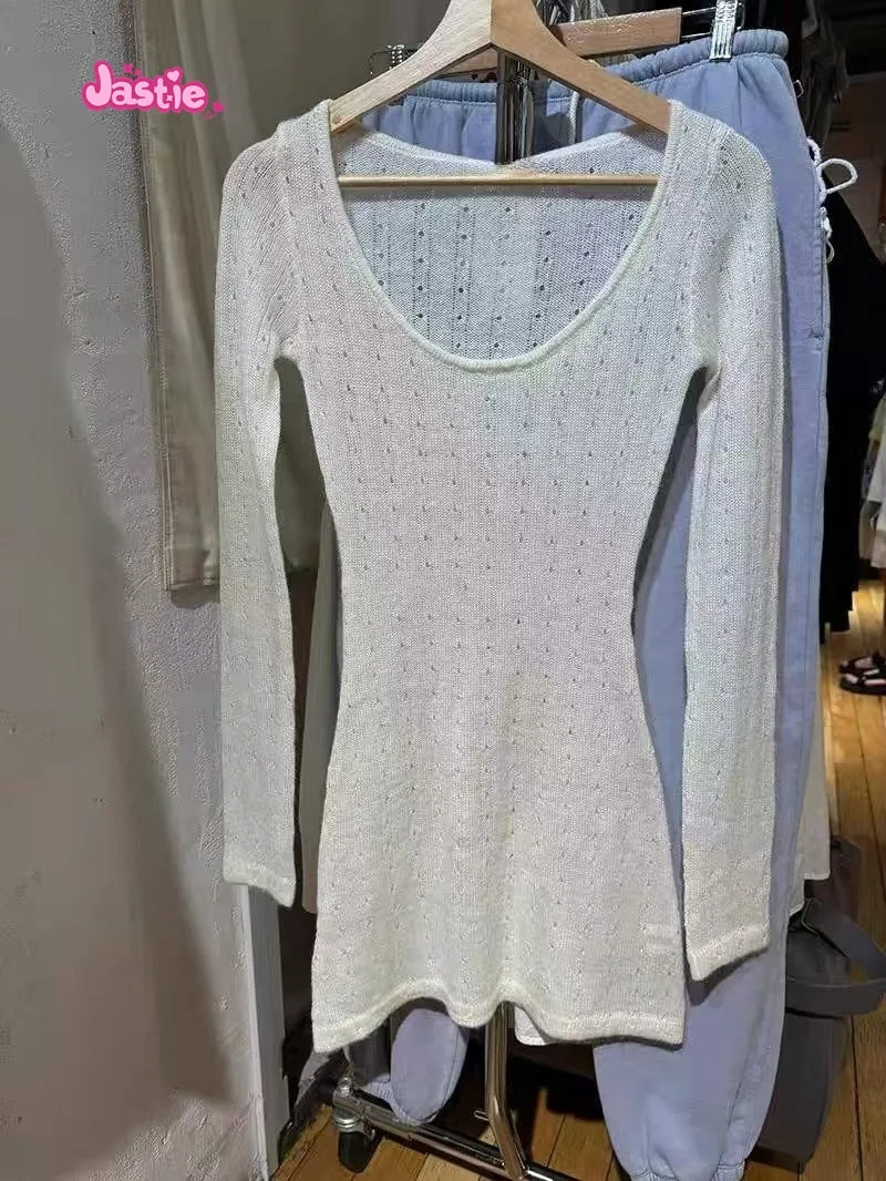 JazzHer New Fall Hollow Out Thin Sweater Chic Pullovers Sweet U-neck Tight Long Tops Woman Streetwear Y2K Beige Slim Female T-shirts