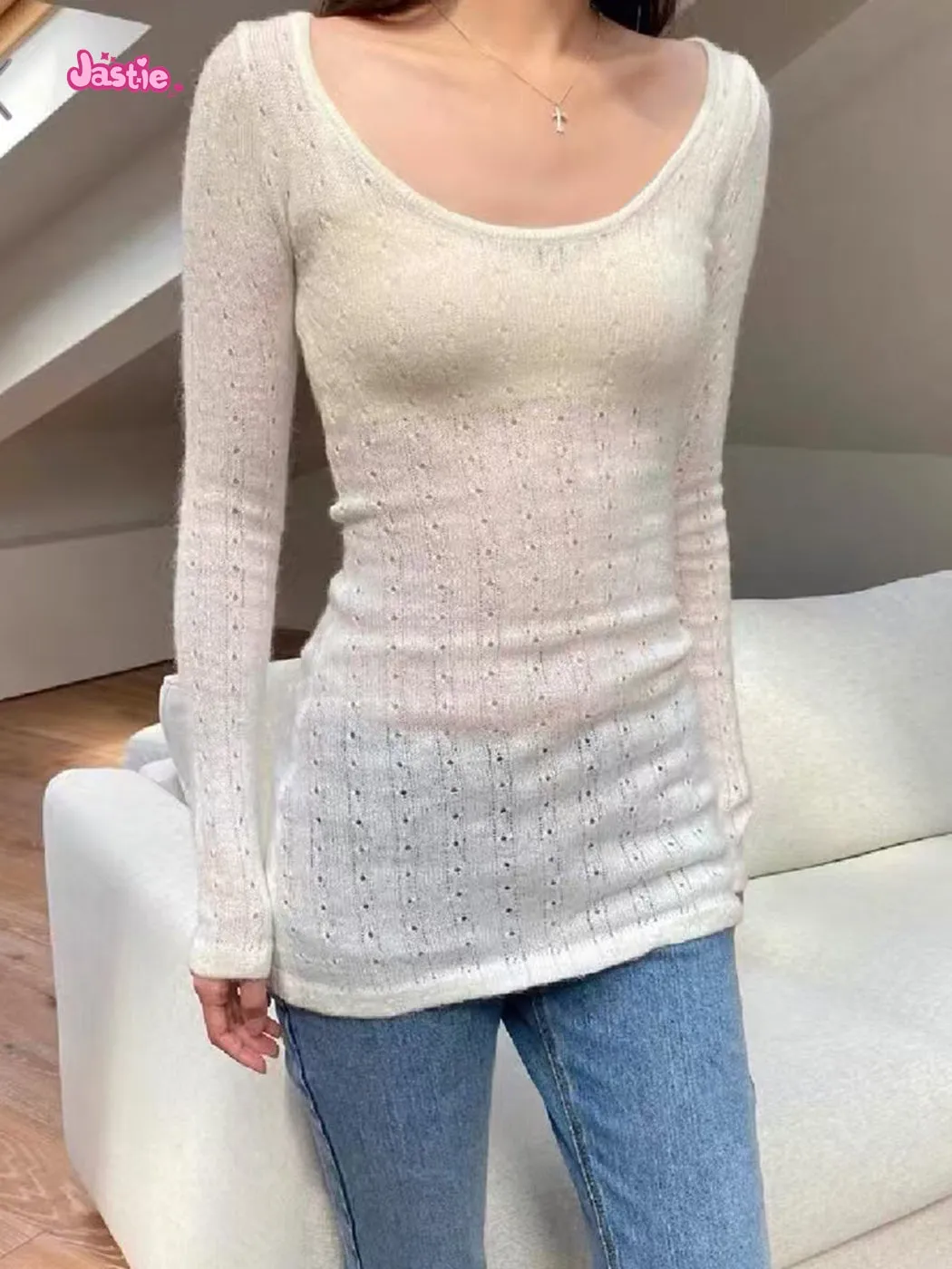 JazzHer New Fall Hollow Out Thin Sweater Chic Pullovers Sweet U-neck Tight Long Tops Woman Streetwear Y2K Beige Slim Female T-shirts