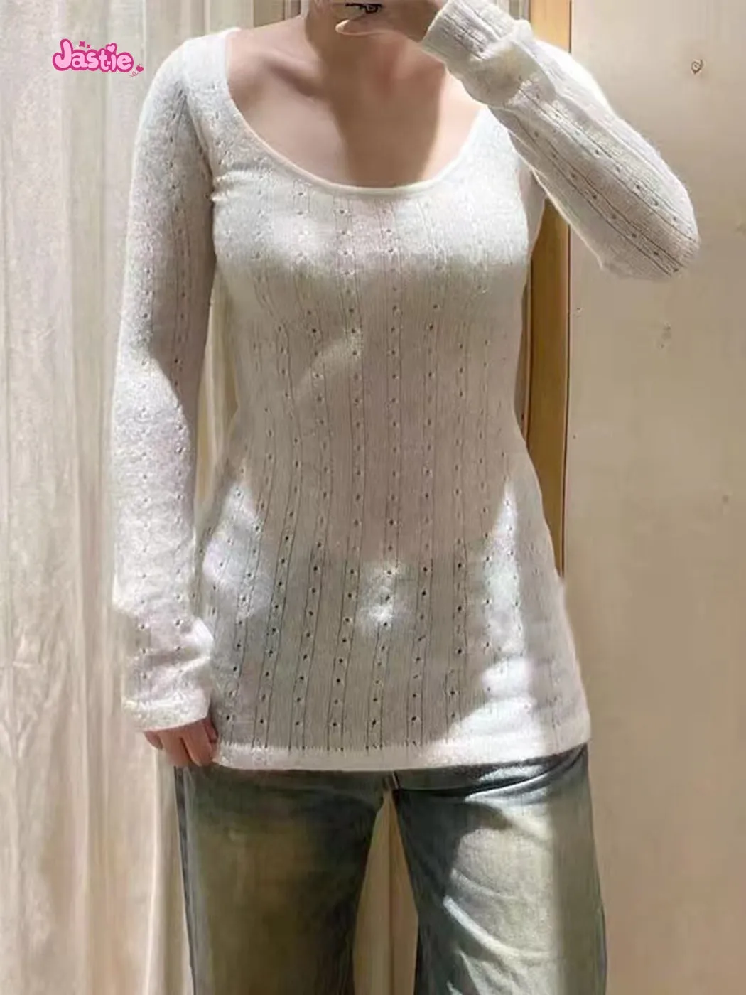 JazzHer New Fall Hollow Out Thin Sweater Chic Pullovers Sweet U-neck Tight Long Tops Woman Streetwear Y2K Beige Slim Female T-shirts