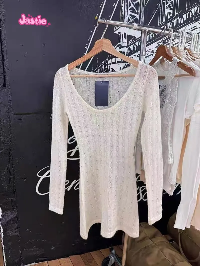 JazzHer New Fall Hollow Out Thin Sweater Chic Pullovers Sweet U-neck Tight Long Tops Woman Streetwear Y2K Beige Slim Female T-shirts