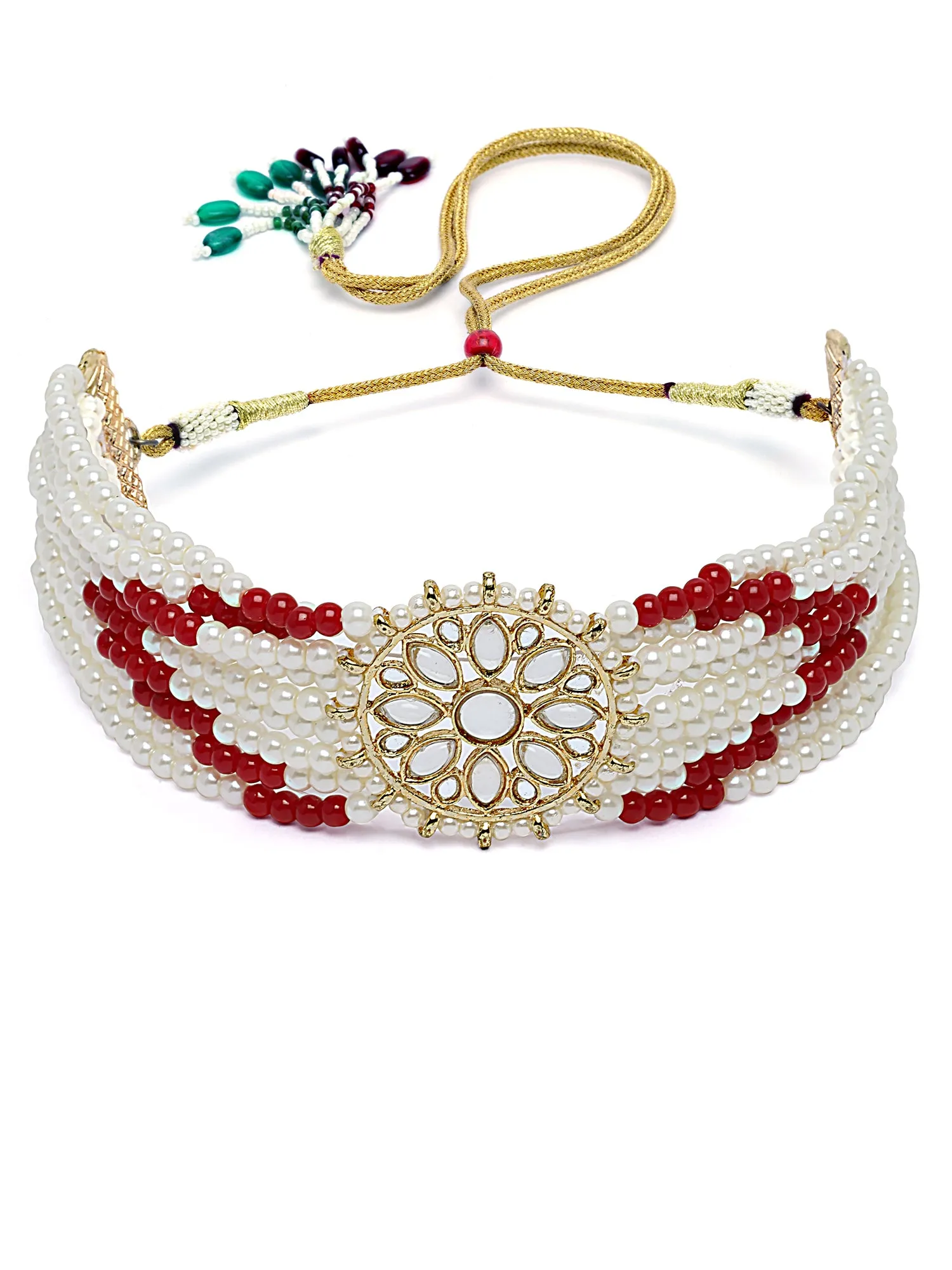 Karatcart Gold Plated White Pearl and Red Beads Kundan Choker Necklace Set for Women