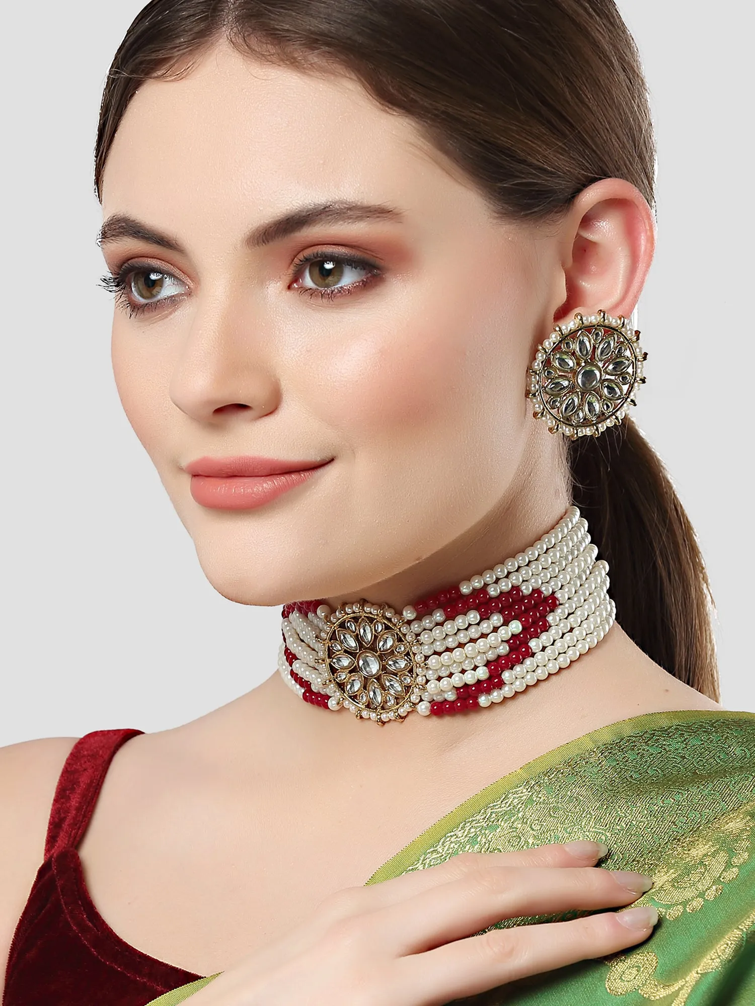 Karatcart Gold Plated White Pearl and Red Beads Kundan Choker Necklace Set for Women
