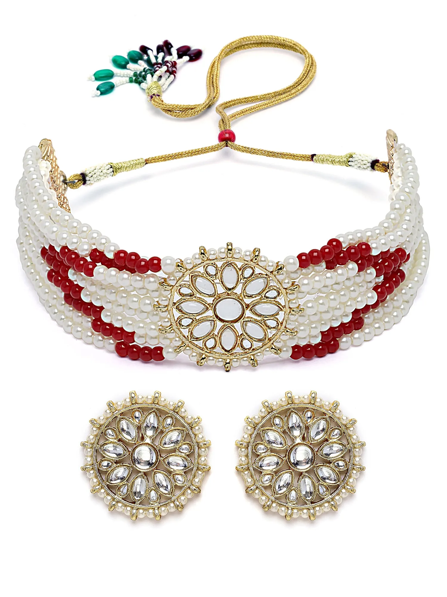 Karatcart Gold Plated White Pearl and Red Beads Kundan Choker Necklace Set for Women