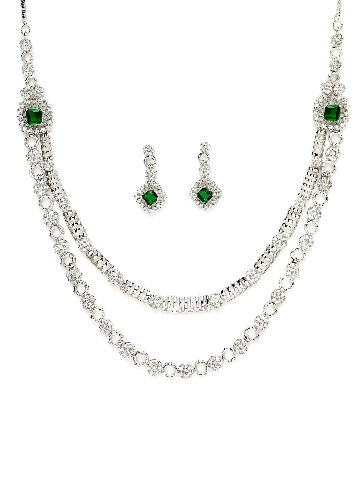 Karatcart Radiant Silver Necklace Set with Sparkling Cubic Zirconia and Polished Rhodium Finish