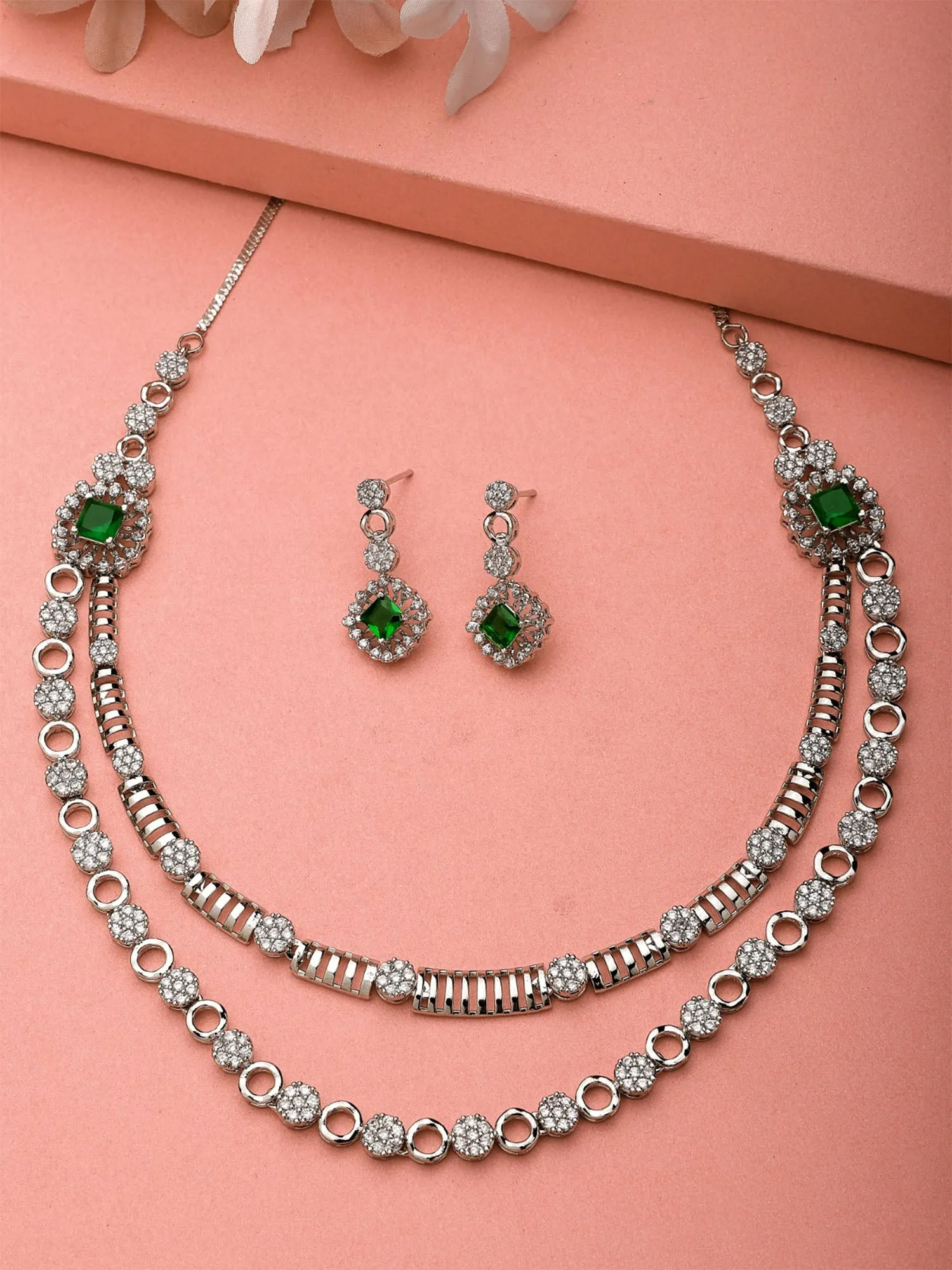 Karatcart Radiant Silver Necklace Set with Sparkling Cubic Zirconia and Polished Rhodium Finish