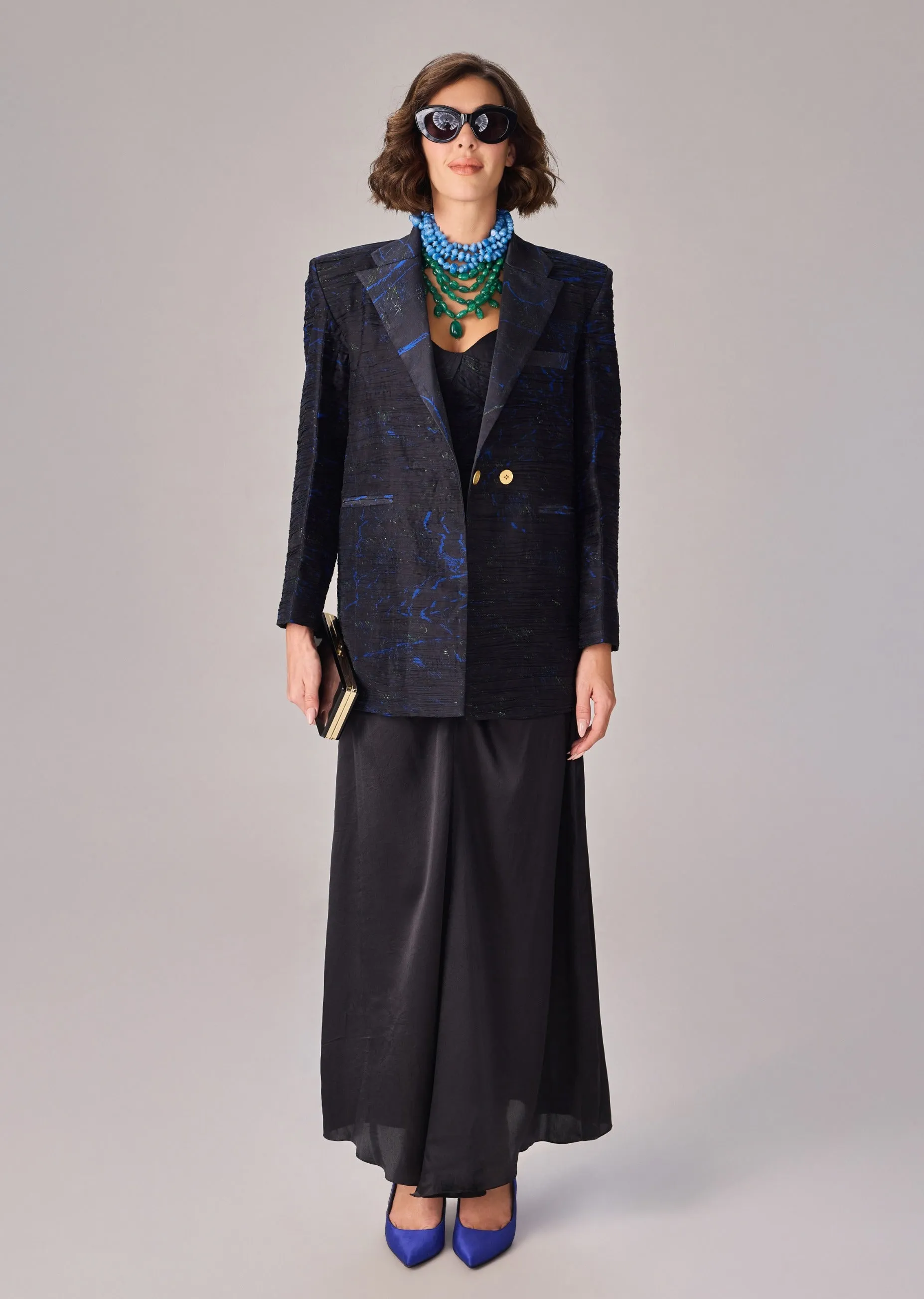 Kellie black blazer, bodysuit and zuri skirt