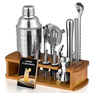 KITESSENSU Cocktail Shaker Set Bartender Kit with Stand | Bar Kit Drink Mixer Set with All Essential Bar Accessory Tools: Martini Shaker, Jigger, Strainer, Mixer Spoon, Muddler, Liquor Pourers |Silver