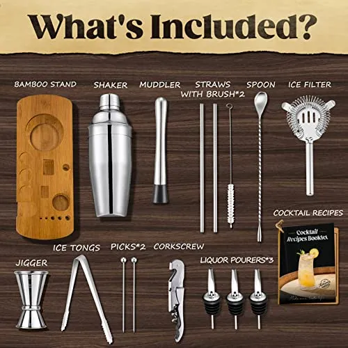 KITESSENSU Cocktail Shaker Set Bartender Kit with Stand | Bar Kit Drink Mixer Set with All Essential Bar Accessory Tools: Martini Shaker, Jigger, Strainer, Mixer Spoon, Muddler, Liquor Pourers |Silver