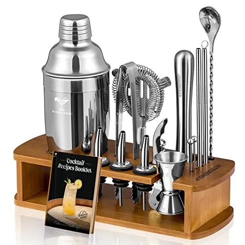 KITESSENSU Cocktail Shaker Set Bartender Kit with Stand | Bar Kit Drink Mixer Set with All Essential Bar Accessory Tools: Martini Shaker, Jigger, Strainer, Mixer Spoon, Muddler, Liquor Pourers |Silver