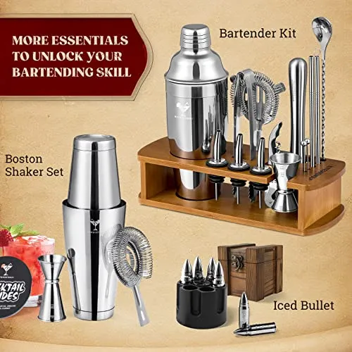 KITESSENSU Cocktail Shaker Set Bartender Kit with Stand | Bar Kit Drink Mixer Set with All Essential Bar Accessory Tools: Martini Shaker, Jigger, Strainer, Mixer Spoon, Muddler, Liquor Pourers |Silver