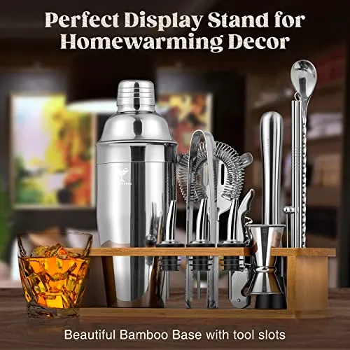 KITESSENSU Cocktail Shaker Set Bartender Kit with Stand | Bar Kit Drink Mixer Set with All Essential Bar Accessory Tools: Martini Shaker, Jigger, Strainer, Mixer Spoon, Muddler, Liquor Pourers |Silver